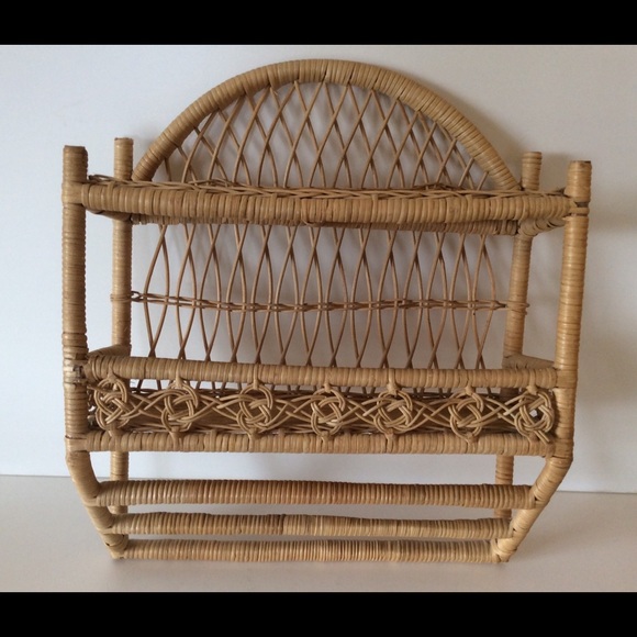 Boho Rattan Hanging Wall Shelf Wicker 2 Tier 70s